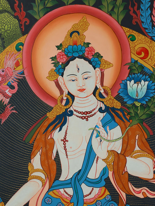 Hand-painted White Tara Thangka depicting spiritual awakening and protection in Tibetan Buddhist art.