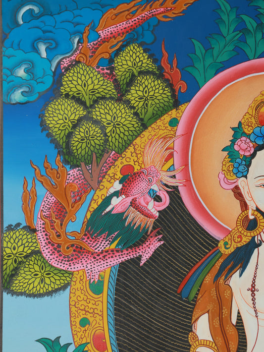 White Tara Bodhisattva Thangka, vibrant Tibetan Buddhist artwork for meditation and devotion.