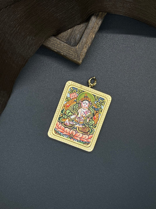 Hand-painted Nepal White Tara (白度母) Thangka pendant 3.5x4.5cm with titanium casing featuring the goddess of longevity and wealth, representing elegance and beauty in Buddhist tradition.