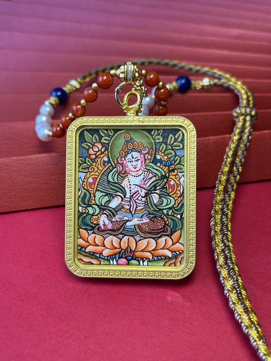 Hand-painted Nepal White Tara (白度母) Thangka pendant 4x5cm with alloy casing featuring longevity and purity, representing pacify obstacles in Buddhist tradition.