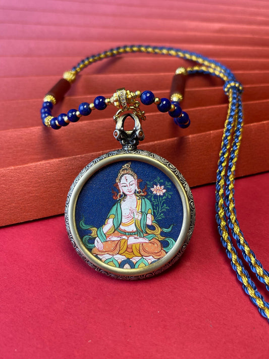 Hand-painted Rekong White Tara (白度母) Thangka pendant 3.5x4.5cm with 925 silver casing featuring longevity and purity, representing pacify obstacles in Buddhist tradition.