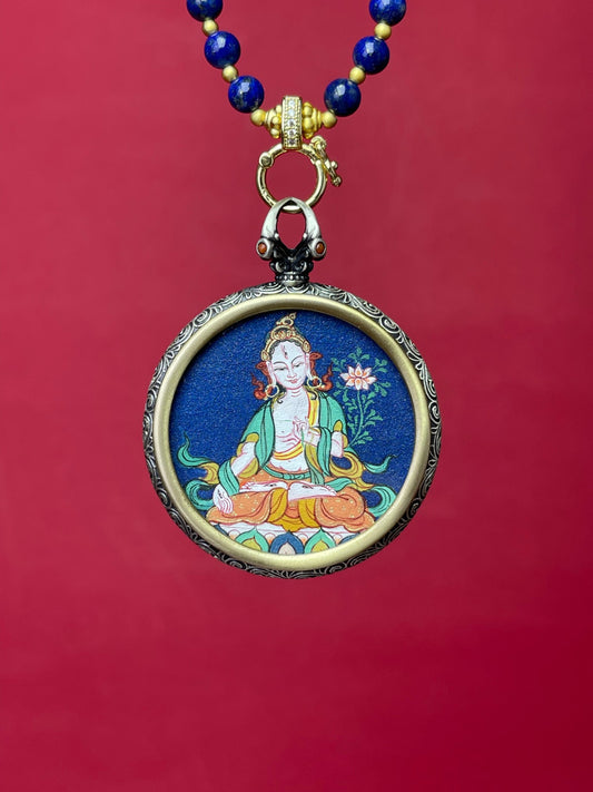 Close-up detail of the Rekong White Tara Thangka showing mineral pigments and gold, showcasing Rekong series artistry.