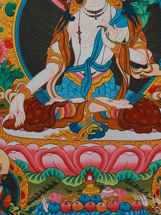 Traditional Tibetan Buddhist White Tara thangka representing healing energy and spiritual protection