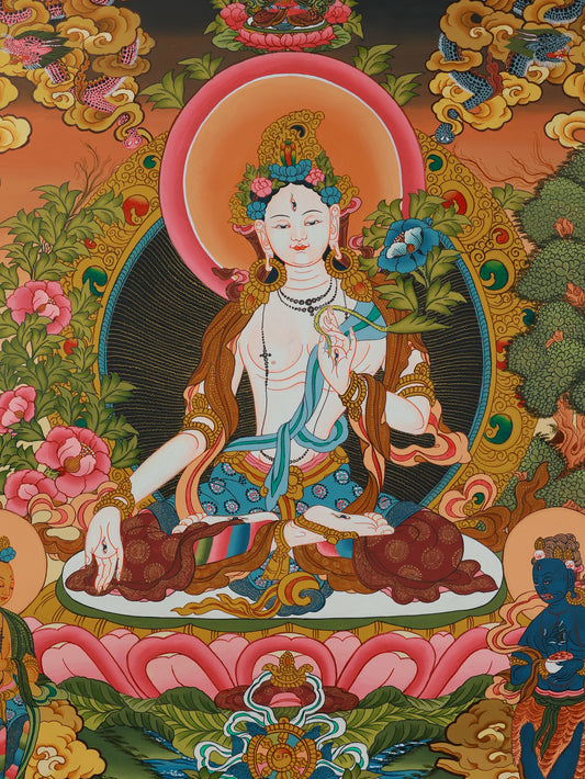 Color White Tara thangka depicting the goddess of compassion and long life in traditional Tibetan Buddhist art.