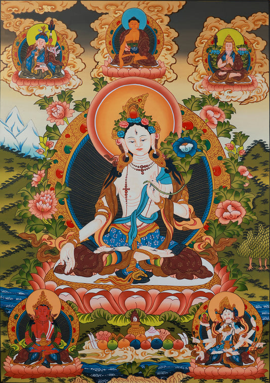 White Tara Tibetan Thangka for longevity and healing, hand-painted in traditional Tibetan style.