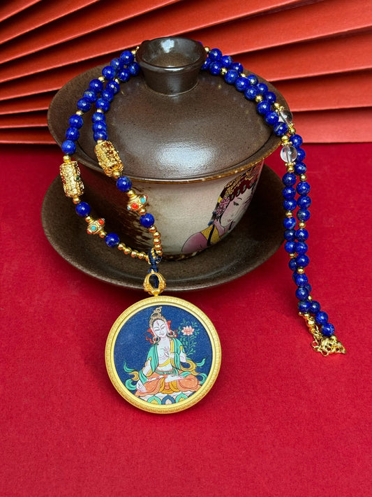 Hand-painted Tibet Bold White Tara (白度母) Thangka pendant 3.5cm with copper casing featuring the 威德 of rescuing from eight calamities, representing health, peace and longevity in Buddhist tradition.