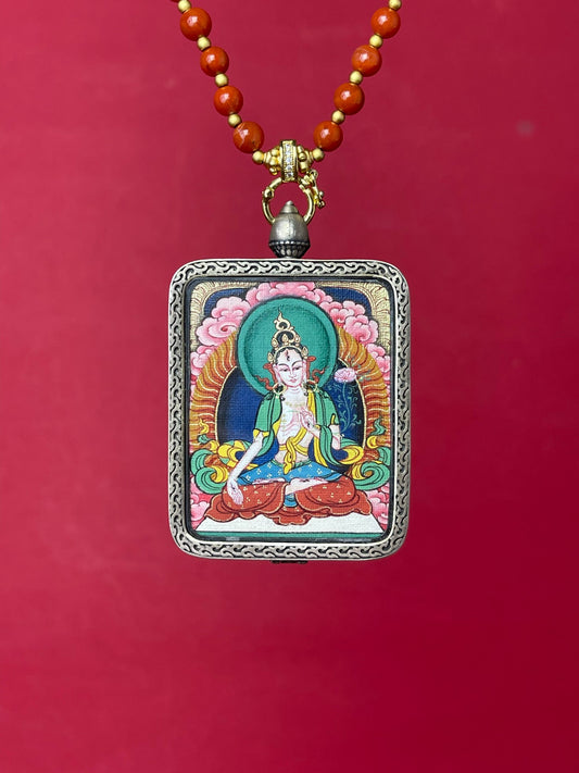 Close-up detail of the Tibet White Tara Thangka showing mineral pigments, showcasing Tibet series artistry.