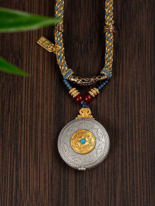 Hand-painted Rekong Yamantaka Mandala (大威德坛城) Thangka pendant 2.5cm with copper tube braided cord featuring the place where Buddhas and Bodhisattvas teach Dharma, representing protect wholesomeness and awaken wisdom in Buddhist tradition.