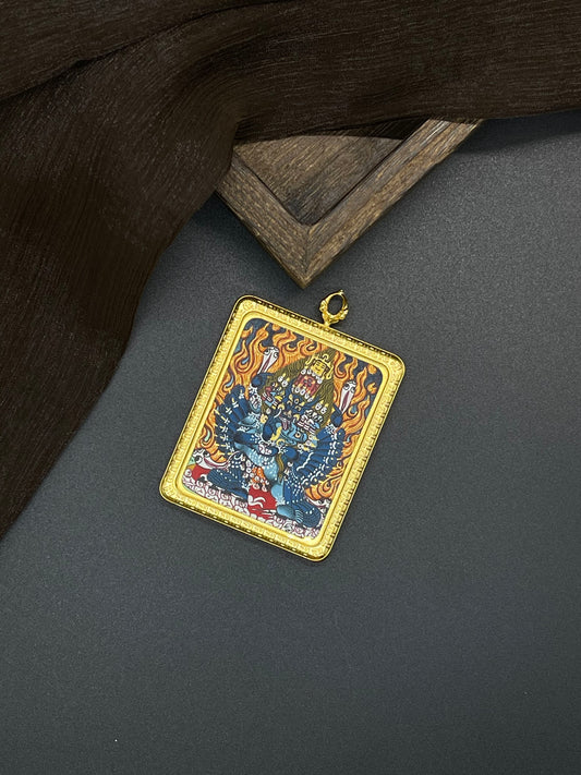 Hand-painted Nepal Yamantaka (大威德金刚) Thangka pendant 4x5cm with titanium casing featuring the wrathful wisdom deity, representing wisdom and courage in Buddhist tradition.