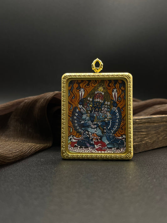 Detailed view of the titanium casing for the Yamantaka Thangka pendant, symbolising wisdom and tradition in Buddhist practice.