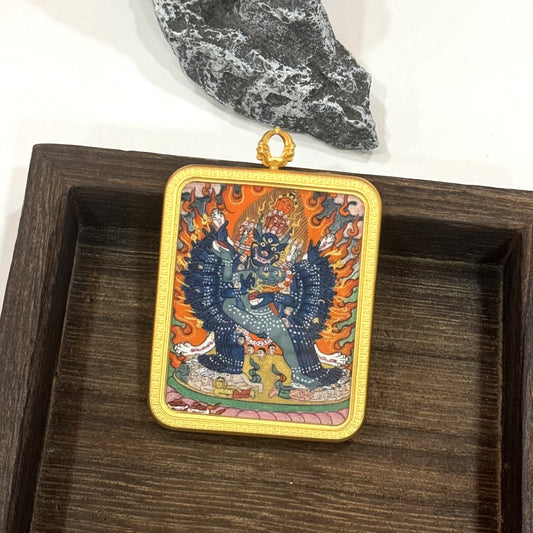 Close-up detail of the Tibet Yamantaka Thangka painting showing intricate natural mineral pigment work, showcasing the masterful artistry of Tibetan lineage painters.