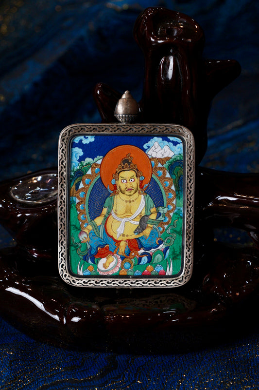 Yellow God of Wealth (Zangbala Sebo) Thangka, 4x5cm, with natural mineral paint and Dunhuang silver shell, Tibetan Buddhist culture.