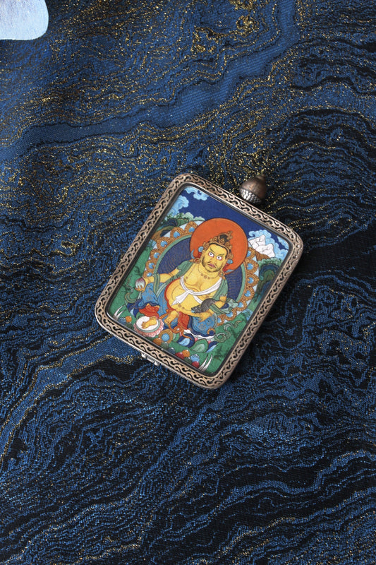 Tibetan Thangka of Yellow God of Wealth (Zangbala Sebo), 4x5cm, featuring mineral paint and a Dunhuang Nine Color Deer silver shell, made in Tibet.