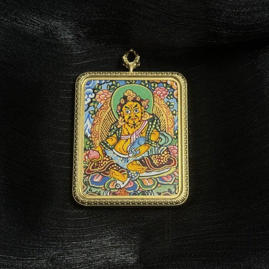 A 4x5cm hand-painted Nepal Yellow Jambhala Thangka pendant featuring the King of Wealth, representing wealth and career in Buddhist tradition.