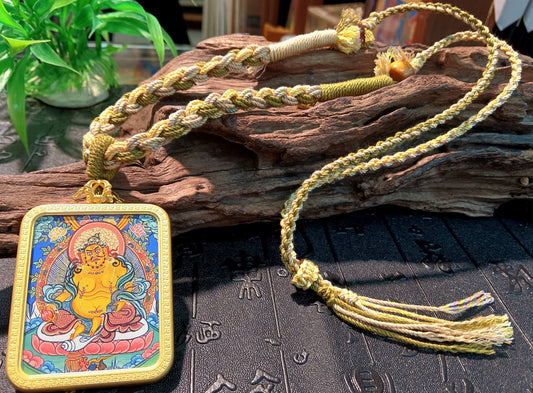 Hand-painted Rekong Yellow Jambhala (黄财神 · 瞻巴拉) Thangka pendant 3.5x4.5cm with frosted copper casing and glass-bead cord, Rekong necklace edition.