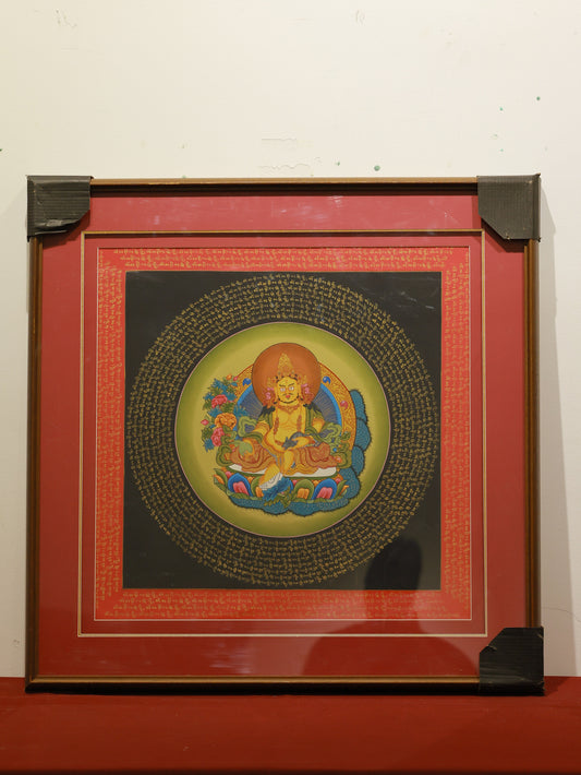 Traditional Tibetan Thangka of Yellow Jambhala with the Six Syllable Mantra, symbolizing abundance and financial blessings.