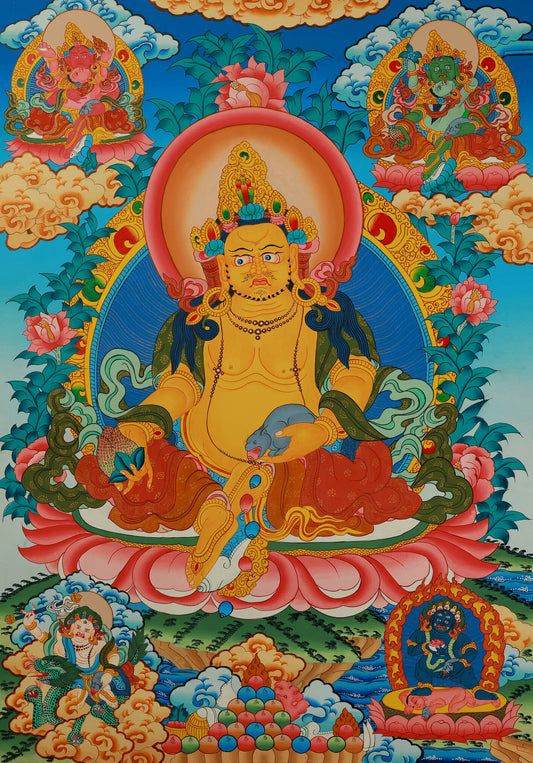 Hand-painted Tibetan Yellow Jambhala Thangka depicting the Wealth Deity, symbolizing abundance and spiritual prosperity.