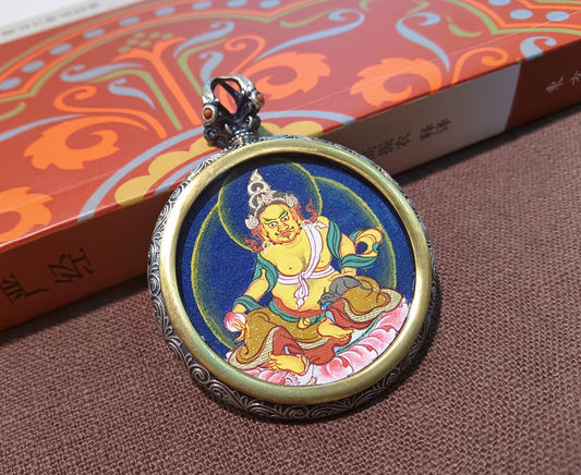 Hand-painted Tibet Card Yellow Jambhala (黄财神 · 瞻巴拉) Thangka pendant 3.5cm with 925 silver casing, Tibet Card series.
