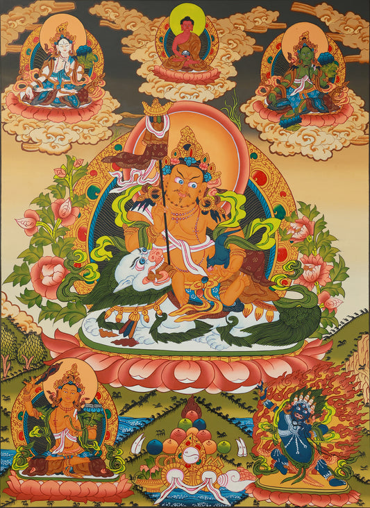 Tibetan Buddhist Yellow Jambhala wealth protection mandala thangka with sacred symbols of prosperity and abundance