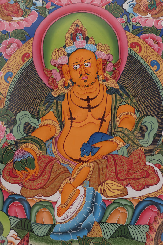 Yellow Jambhala surrounded by celestial attendants in a vibrant Tibetan Thangka.