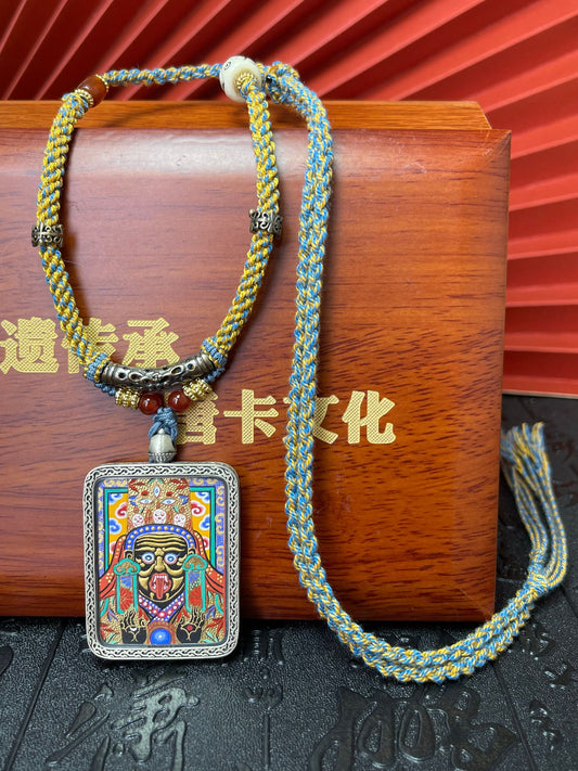Hand-painted Rekong Embossed-Gold Zhagi Lhamo (扎基拉姆) Thangka pendant 3.5x4.5cm with 925 silver and nine-deer reverse, Rekong series.