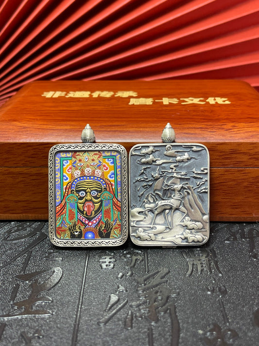 Close-up detail of the Rekong Zhagi Lhamo embossed-gold Thangka showing mineral pigments and gold, Rekong series artistry.