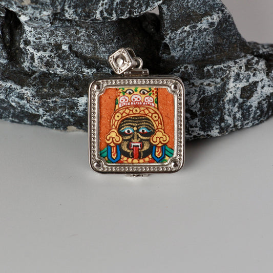 Close-up detail of the Nepal Rough Zhagilamu Thangka painting showing intricate natural mineral pigment work, showcasing the masterful artistry of Nepali lineage painters.