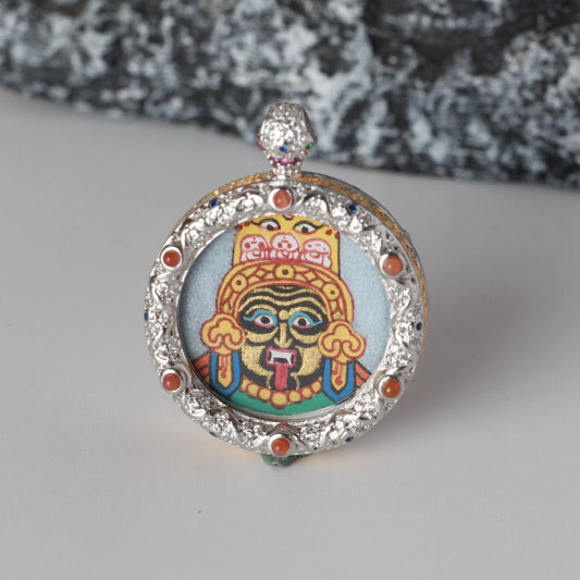 Close-up detail of the Nepal Rough Zhagilamu Thangka painting showing intricate natural mineral pigment work, showcasing the masterful artistry of Nepali lineage painters.