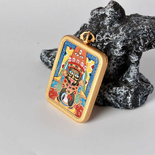 Hand-painted Rebgong Zhagilhamo (Female Wealth Deity) Thangka pendant featuring the Goddess of Wealth and Protection, copper casing, representing wealth and blessing in Tibetan Buddhist tradition.