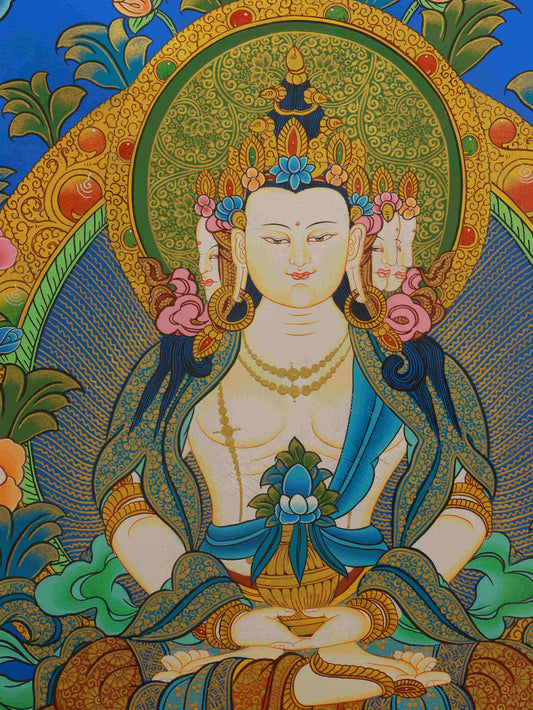 Tibetan Thangka painting of Dainichi Buddha, handmade using mineral pigments.