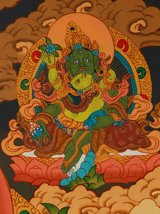 Handcrafted Yellow Jambhala Thangka painting, Tibetan Buddhist artwork representing wealth and prosperity.