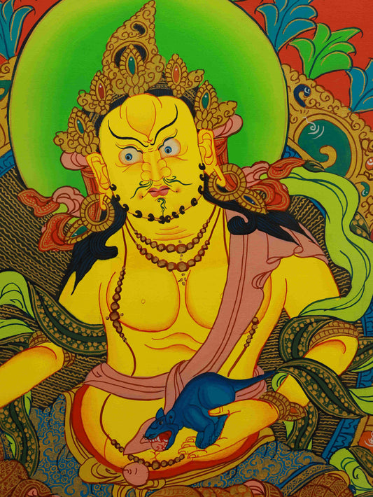 Tibetan Buddhist Dzambhala Thangka painting made with natural mineral pigments on sacred canvas.