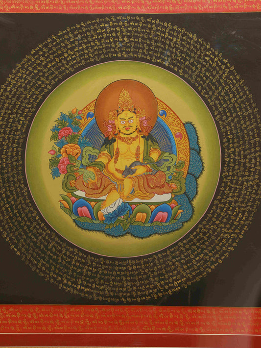 Tibetan Buddhist Thangka painting depicting Dzambhala, the Yellow Wealth God, surrounded by sacred symbols.