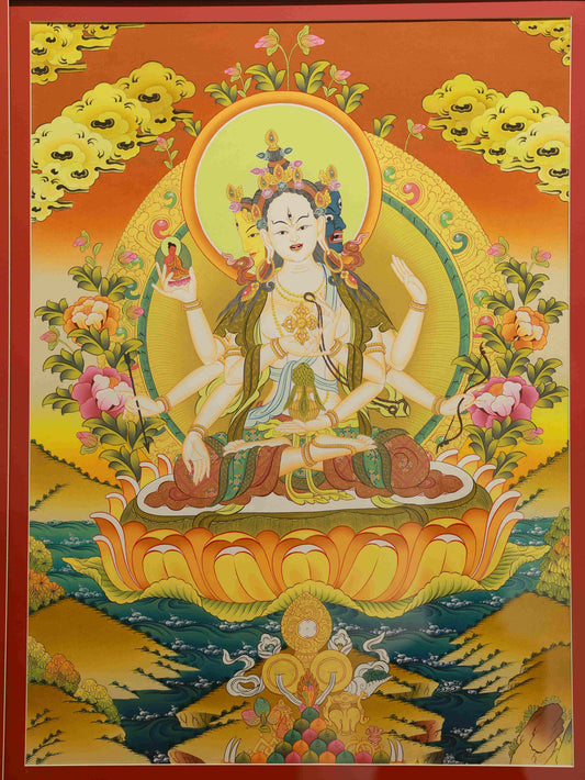 Handmade Tibetan Buddhist Thangka Painting of Eight-Armed Ushnishavijaya, Goddess of Longevity and Purity