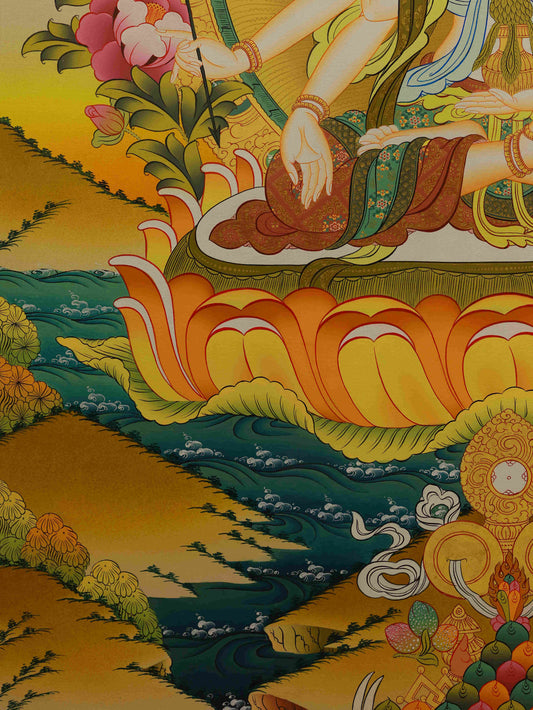 Tibetan Thangka Art of Ushnishavijaya – Hand-painted on Canvas with Natural Mineral Pigments