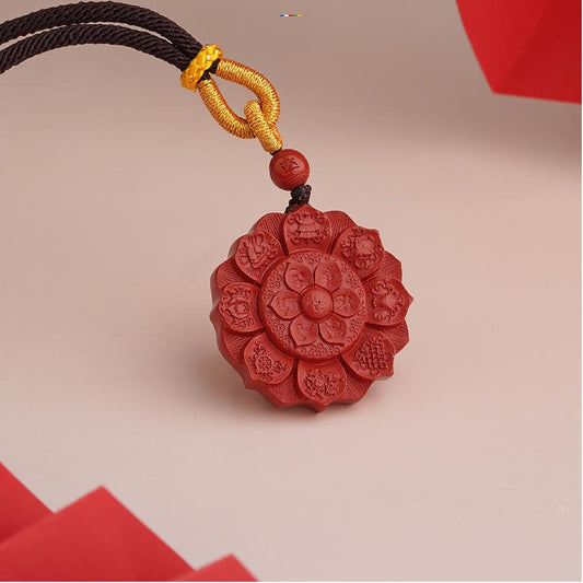 Unique Tibetan Buddhist Eight Treasure Cinnabar Pendant with Handmade Craft