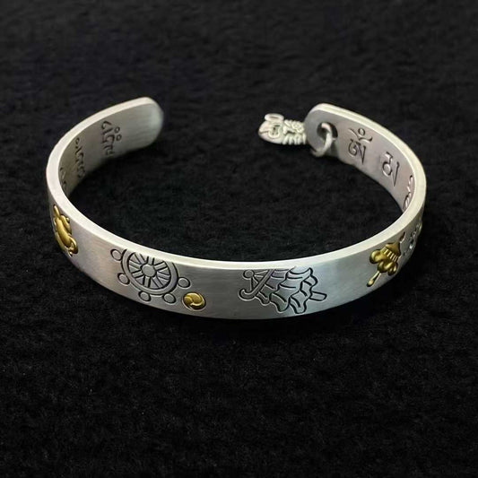 Handcrafted S925 silver Eight Treasures blessing bracelet inspired by Tibetan Buddhist art.