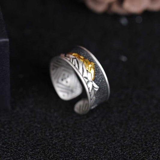 Handcrafted Tibetan Buddhist Mount Everest ring made of solid gold and silver with fine inlay craftsmanship.