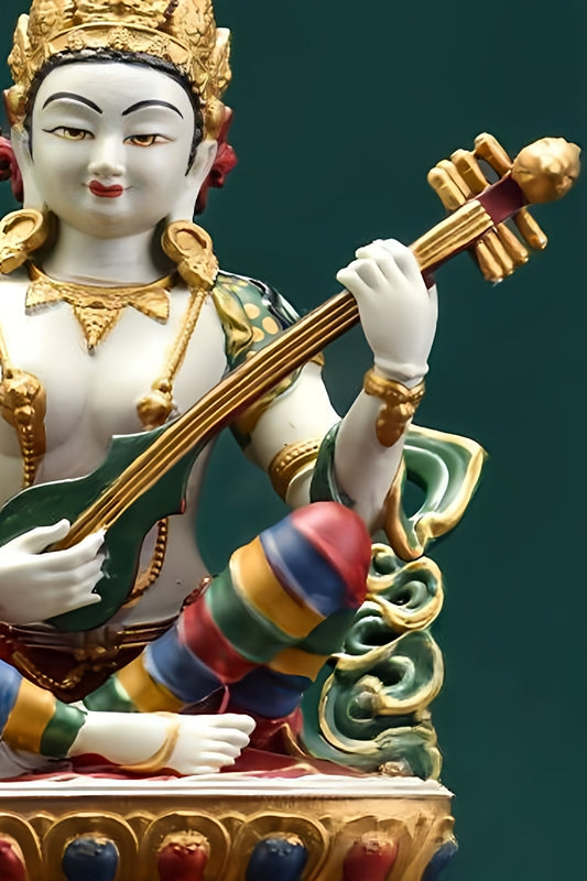 Handmade Tibetan-buddhist Miao Yin Goddess statue in copper with mineral pigments, Tibetan Buddha art symbolizing music, wisdom, and harmony.