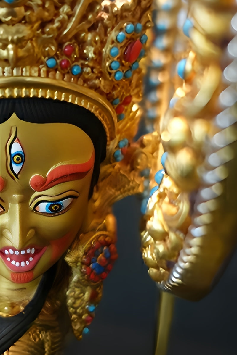 Authentic Tibetan Buddhist art Ushnisha Vijaya statue in brass with mineral pigments, handmade for spiritual awakening and peace.