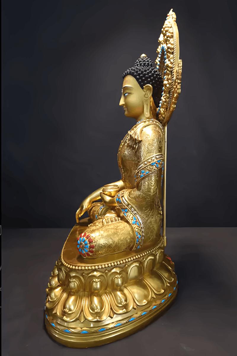 Painted brass Shakyamuni Buddha statue, Tibetan Buddhist sacred art with fine mineral colors and hand-finished details.
