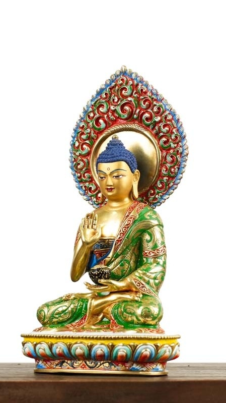 Handcrafted Tibetan Buddhist Five Dhyani Buddhas Gilded Statue, beautifully painted with mineral pigments. A sacred representation of wisdom and enlightenment.