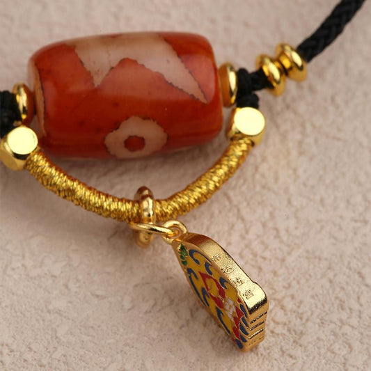 Handmade Five-Eye Dzi Bead for Wealth and Protection, Agate and Copper