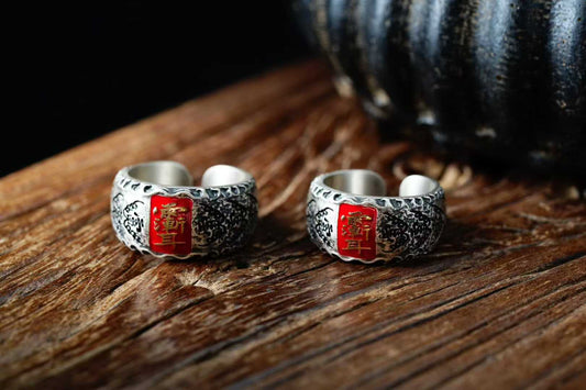 Tibetan Buddhist 925 silver Five Thunder Protection ring, handcrafted with fine inlay.