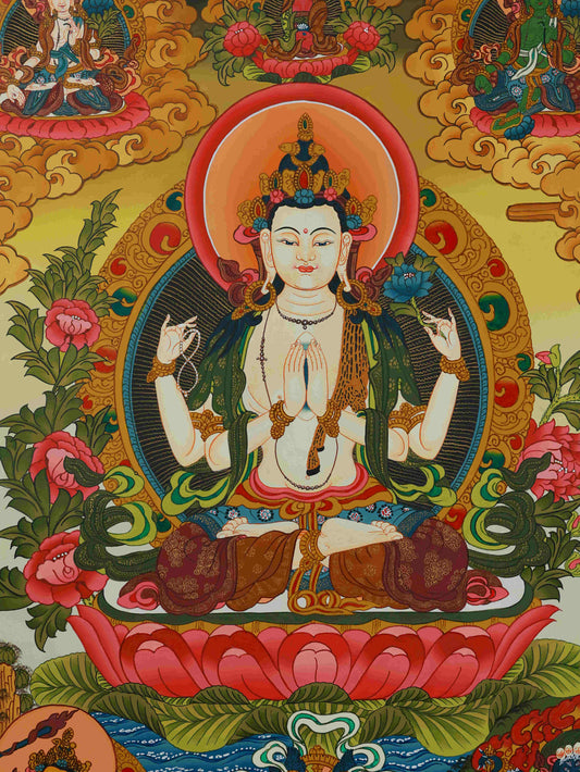 Tibetan Buddhist Four-Armed Lokeshvara Thangka, a hand-painted Buddha art creation reflecting compassion and enlightenment.