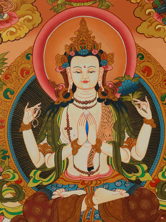 Hand-painted Four-Armed Chenrezig (Avalokiteshvara) Thangka, symbolizing compassion and protection.