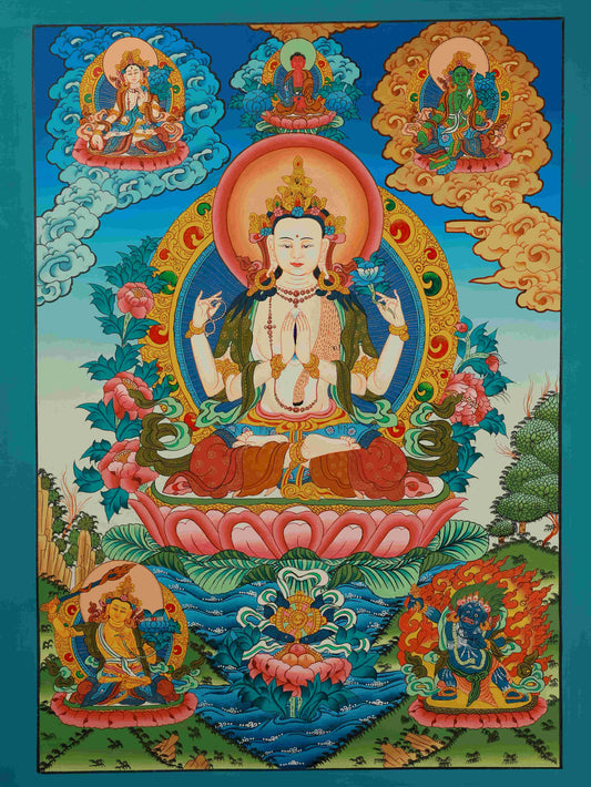 Handmade Tibetan-Buddhist Four-Armed Avalokiteshvara Thangka, 75x50cm, painted with natural mineral pigments.