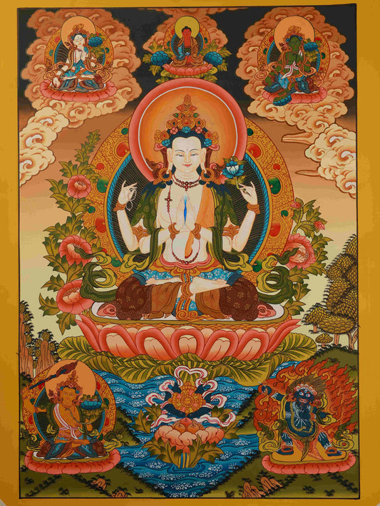 Handmade Tibetan-Buddhist Four-Armed Avalokiteshvara Thangka painting, 75x50cm, crafted with mineral pigments.