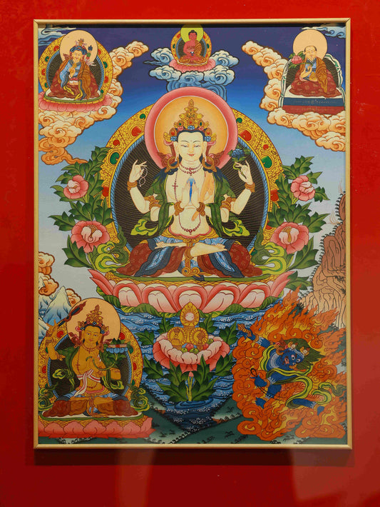 Hand-painted Tibetan Buddhist Four-Armed Avalokiteshvara (Guanyin) Thangka for compassion and meditation.