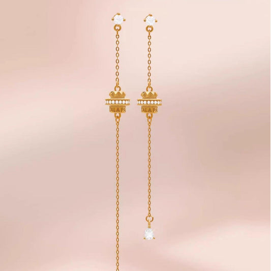 "Tibetan Buddhist Fu Lai Yun Zhuan earrings with 925 silver, 18K gold, and zircon, representing spiritual harmony and fortune."